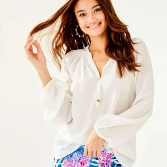 Lilly Pulitzer Elsa Blouse White Large 100% Silk - Picture 1 of 8